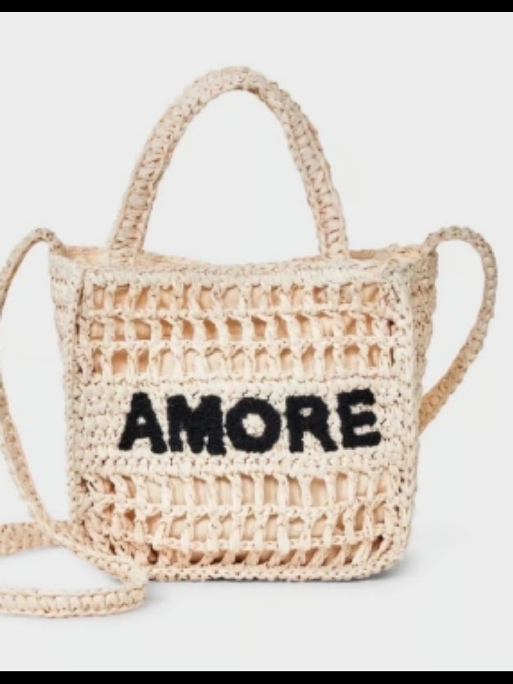Universal Thread Crochet Crossbody Bag with AMORE Lettering in Beige and Black